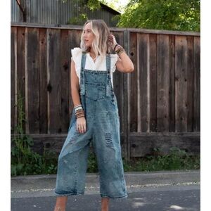 Easel Slouchy Denim Overalls Romper Wide Leg